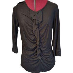 Talbots Black Gathered Ruffle Front V-neck 3/4 Sleeve Blouse Size S